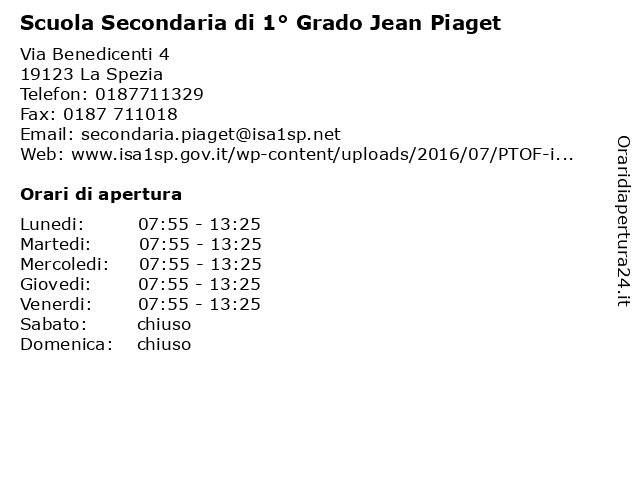 Orari di apertura Scuola Secondaria di 1 Grado Jean Piaget